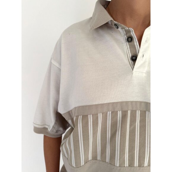 90s vintage white brown striped retro style unisex mens collared polo golf shirt - Picture 8 of 10
